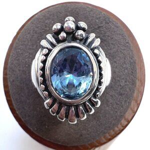 VTG Sterling Silver 925 Blue Topaz Bezel Set Floral Border Ring Size 6